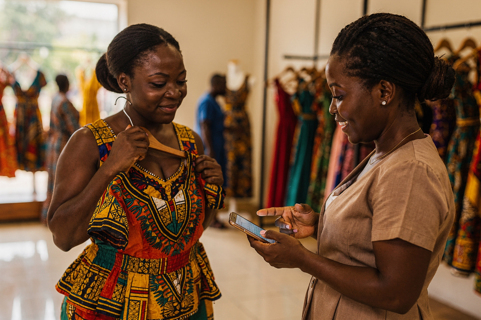 A clothing boutique owner helping a customer with a purchase